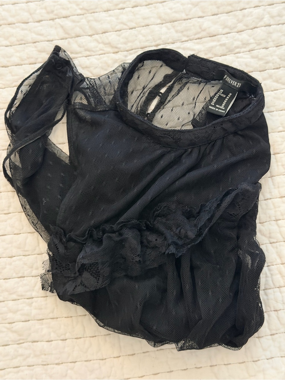 Forever 21 Black Sheer Dot Mesh Bodysuit with Ruffle Detail - Picture 3 of 3